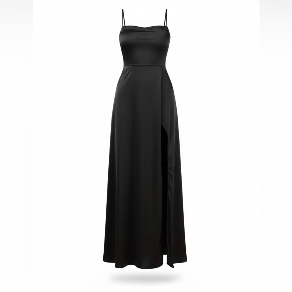 Lulus NWT “So Loving” Black Satin Pleated Lace Up Backless Maxi Dress Size Large - Picture 9 of 15